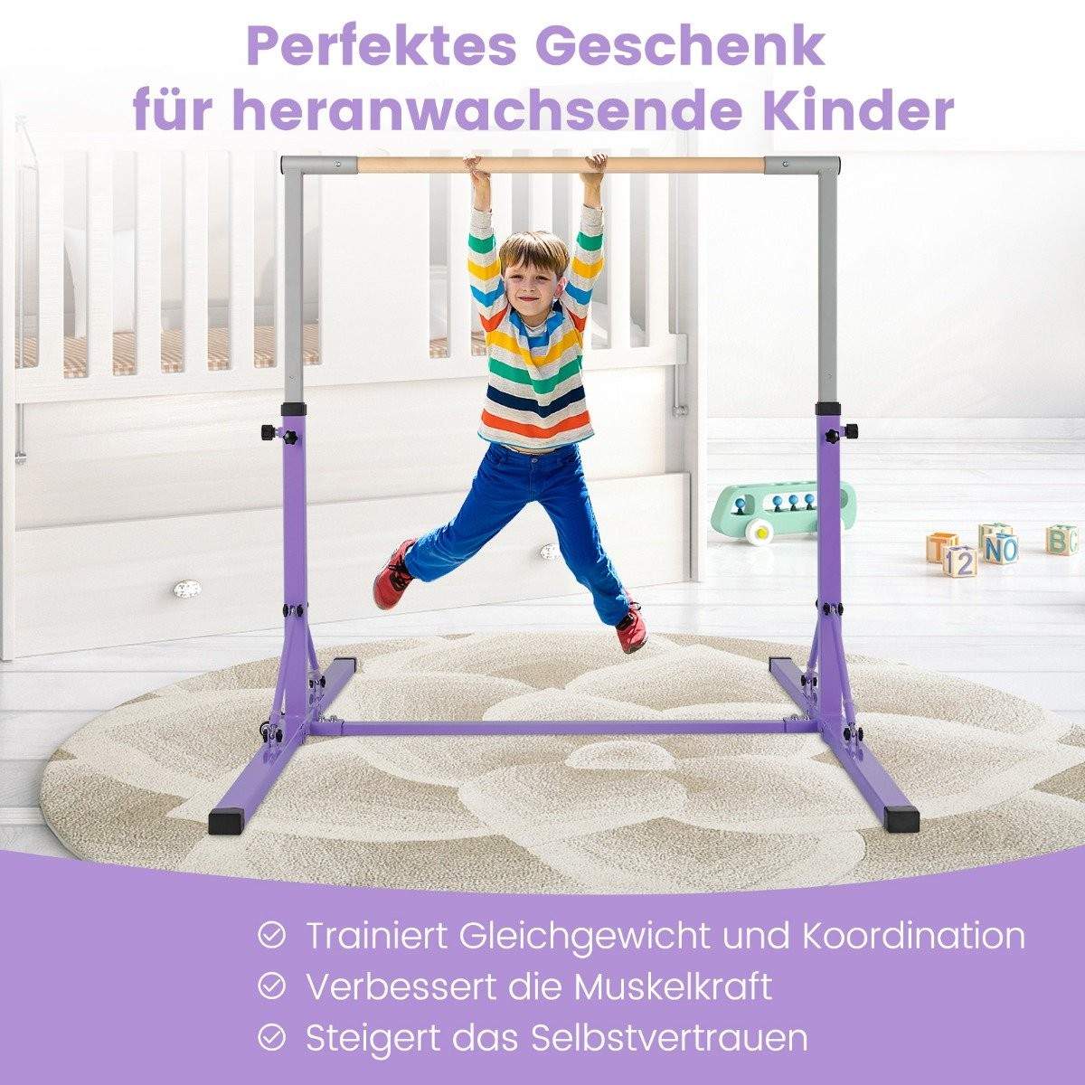 Voimistelutanko, korkeussäädettävät voimistelutangot, kuormitettava 100kg asti sisäkäyttöön, violetti