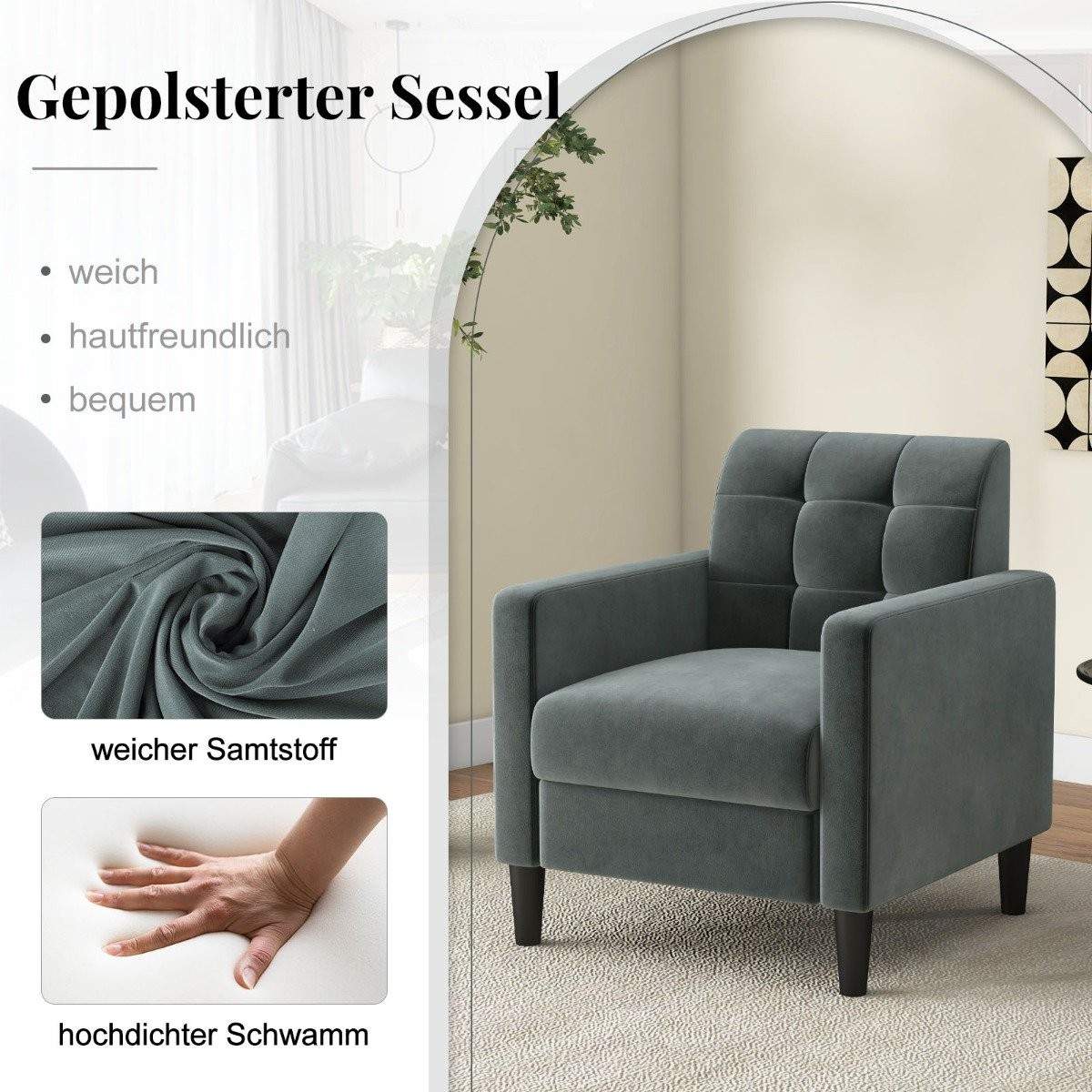 Afslapningslænestol moderne tv-lænestol lavet af fløjl i polstret lænestol fra midten af ​​århundredet med grå tuftet ryglæn