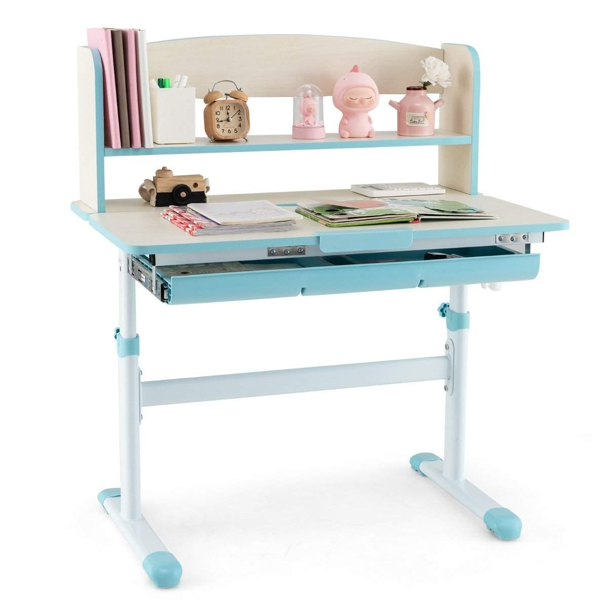 Højdejusterbart skrivebord med vippebordplade & Skuffe & Hylde Børnestudiebord Blå
