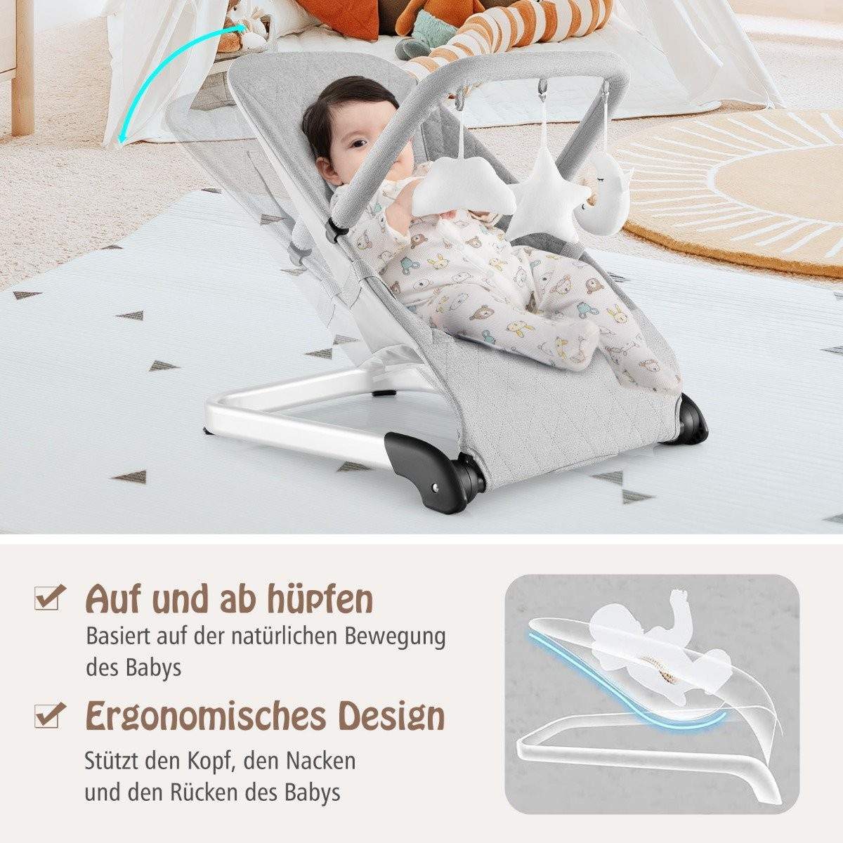 Baby Rocker Foldbar babygynge med 5-punkts sikkerhedssele Bærbart vippesæde gråt