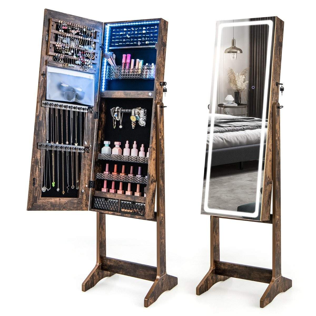 Smykkeskab med spejl & 3-farvet LED belysning spejlskab smykkehylde rustik brun