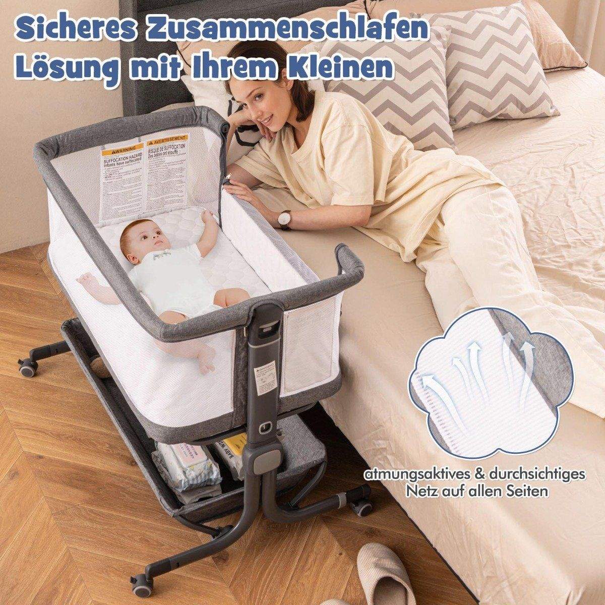3 i 1 sideseng rejseseng baby med madras babyseng 6 rum højdejusterbar med opbevaringskurv mørkegrå