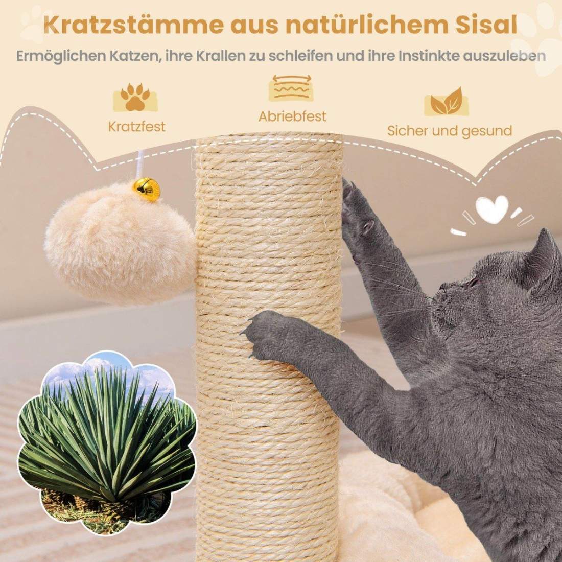 Liten skrapstolpe kattträd med hängmatta & säng & sisalstolpar & kattborste beige 40 x 30 x 72 cm | Hem & Hobby - Husdjur - Katt - Katträd | Pryloteket