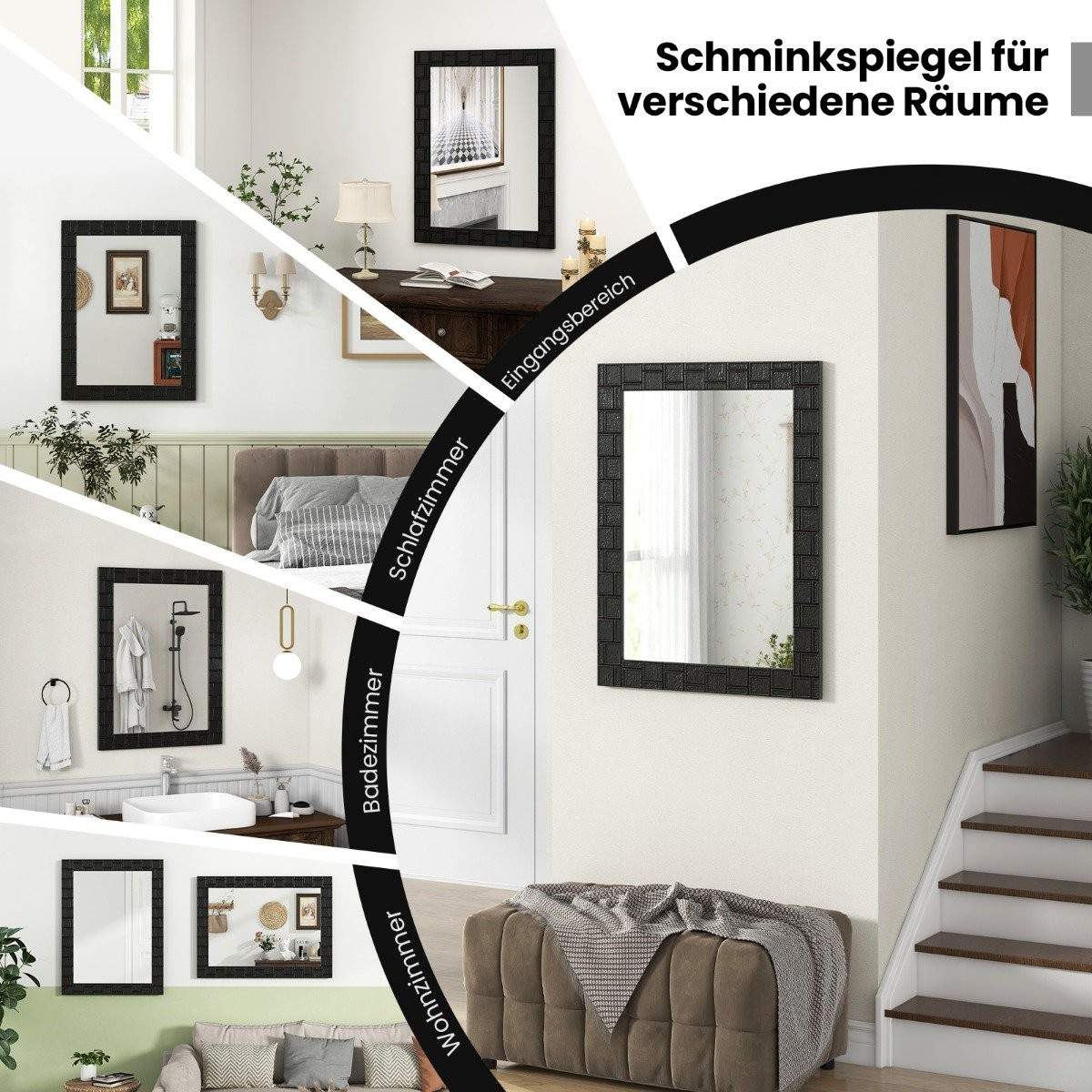 80 x 60 cm vægspejl lavet af gummitræ med massiv træramme, badeværelsesspejl, kosmetikspejl, sort