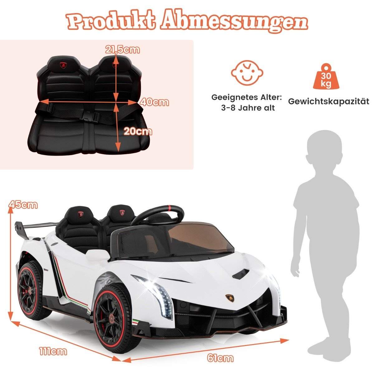 Lamborghini-elbil til børn med fjernbetjening & LED-forlygter & horn & musik hvid