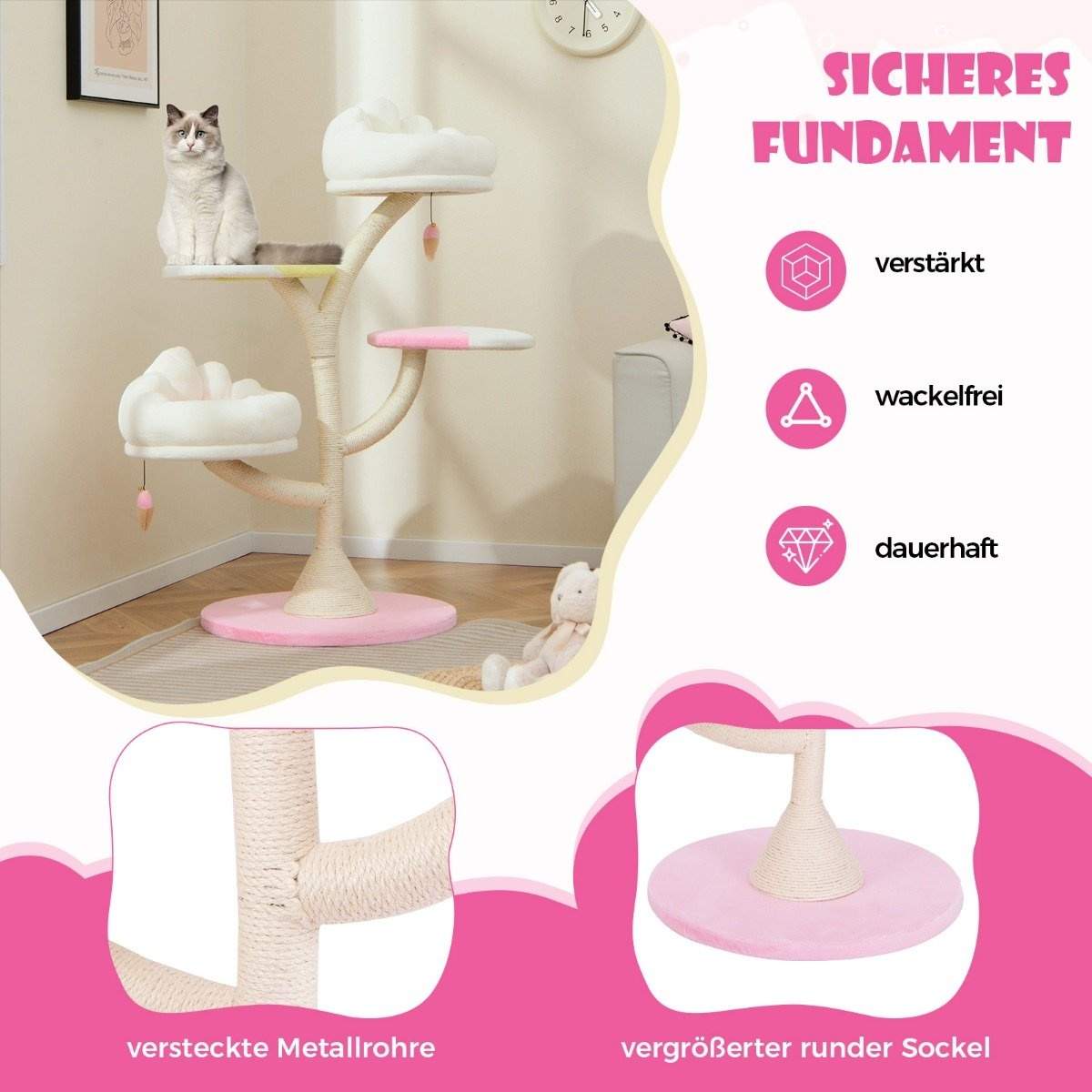 Træskrabestolpe, sødt kattetræ med 2 liggepladser & 2 platforme & spillebold & sisalstolper hvid + pink