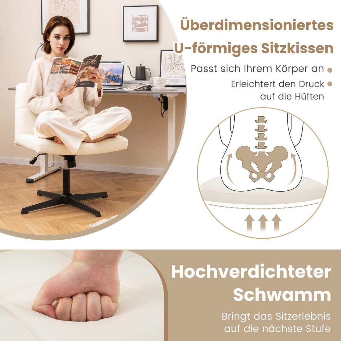 Kontorsstol utan armstöd Skrivbordsstol med bred sits & Rocker funktion konstläder för hemmakontor beige | Hem & Hobby - Hem & Hushåll - Bygg | Pryloteket