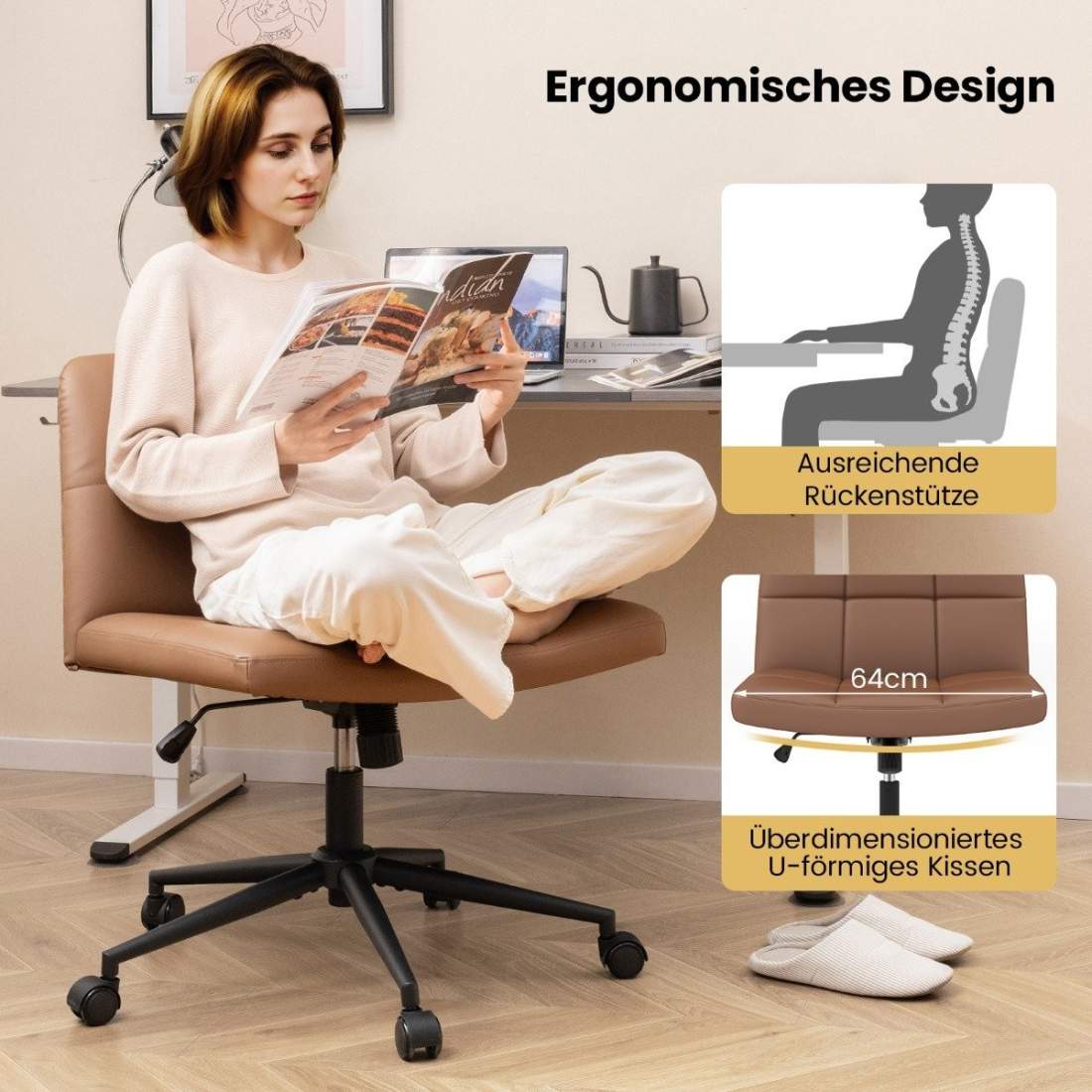 Kontorsstol utan armstöd Skrivbordsstol med bred sits 360° roterande konstläder för hemmakontor Brun | Hem & Hobby - Hem & Hushåll - Bygg | Pryloteket