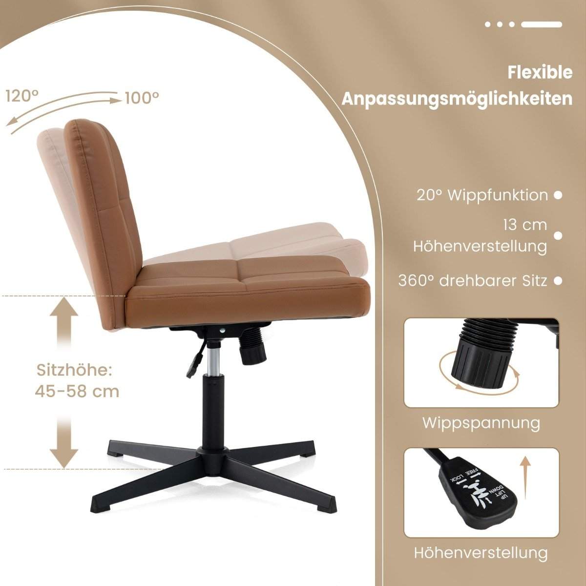 Kontorstol uden armlæn Skrivebordsstol med bredt sæde & Rocker funktion imiteret læder til hjemmekontoret brun