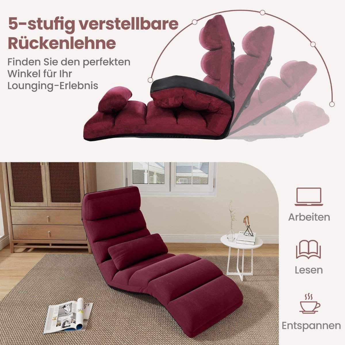Afslapningsseng foldbar gulvstol med justerbart ryglæn rød 175 x 55 x 20 cm