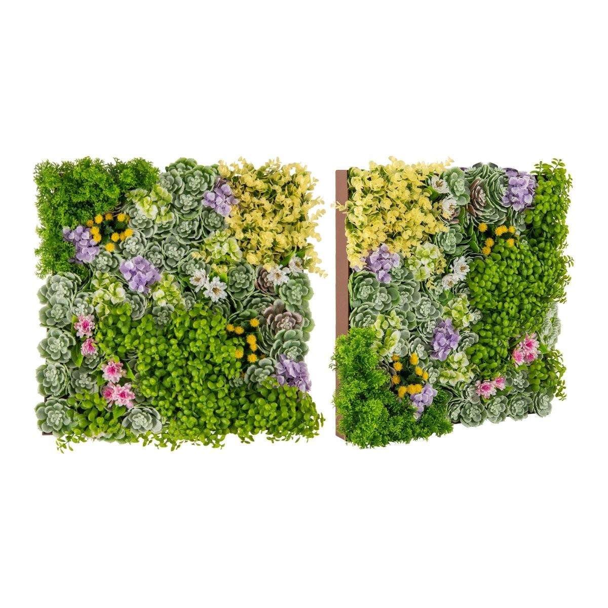 Pakke med 2 firkantet indrammet kunstigt løv Vægkunst 3D Væggrønt 50x50 cm Blomster