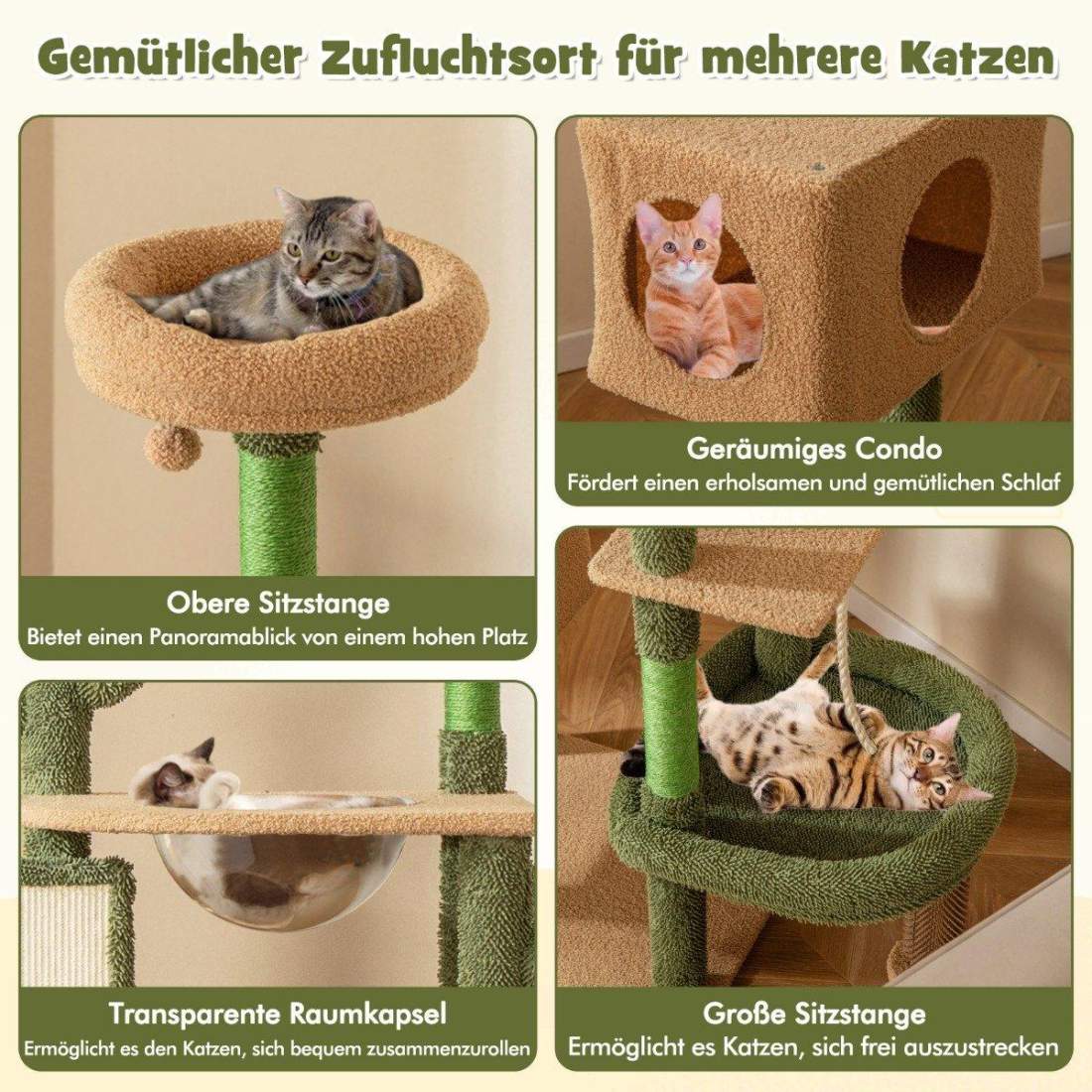 Scratching Post Cactus Cat Tree med plattformar Borste Toy Sisal Rep Grön + Brun | Leksaker & Spel - Leksaker | Pryloteket