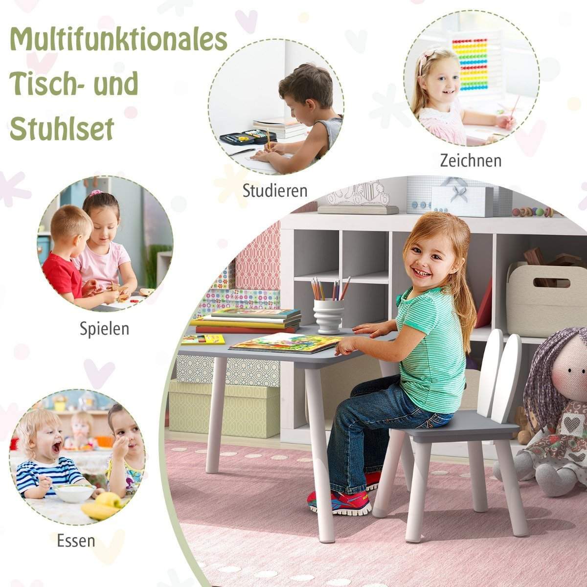 Børnebord med 2 stole 3 stk. Børnesiddegruppe med ben i grå massivt træ