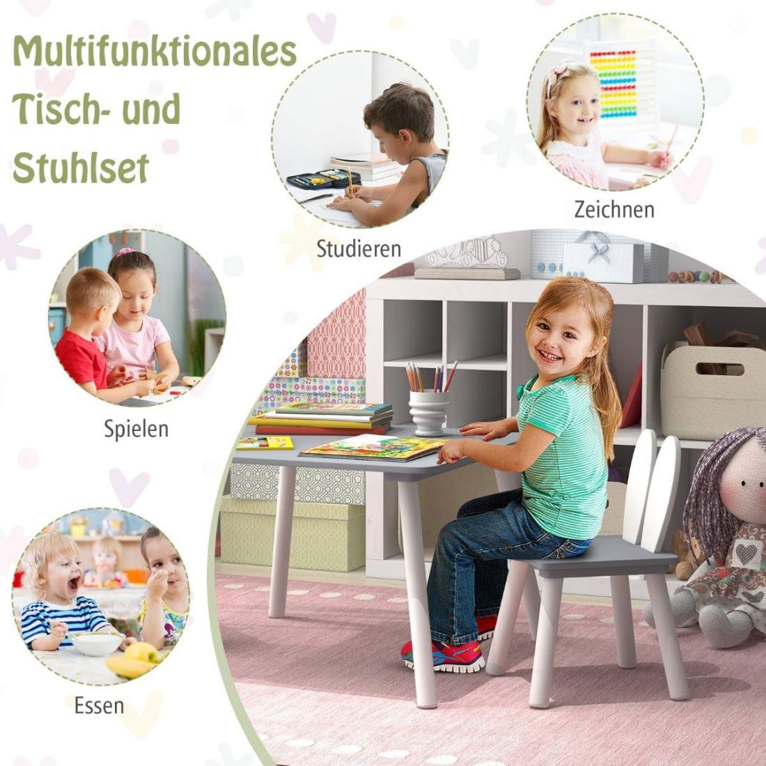 Barnbord med 2 stolar 3 st. Barnsittgrupp med ben i grå massivt trä | Hälsa & Skönhet - Personvård - Vård & Rehabilitering - Hållning | Pryloteket