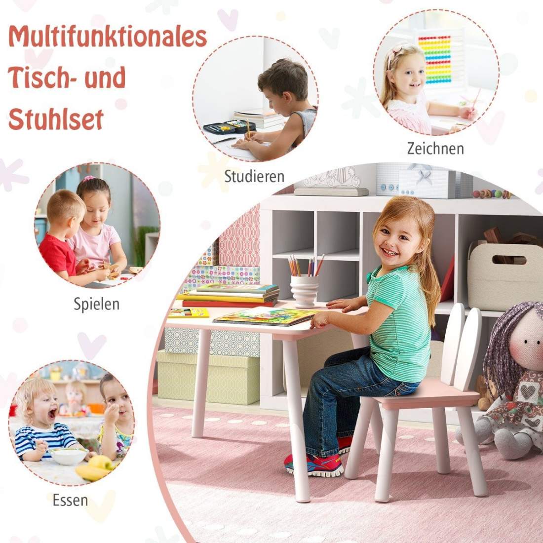 Barnbord med 2 stolar 3 st. Barnsittgrupp med rosa ben i massivt trä