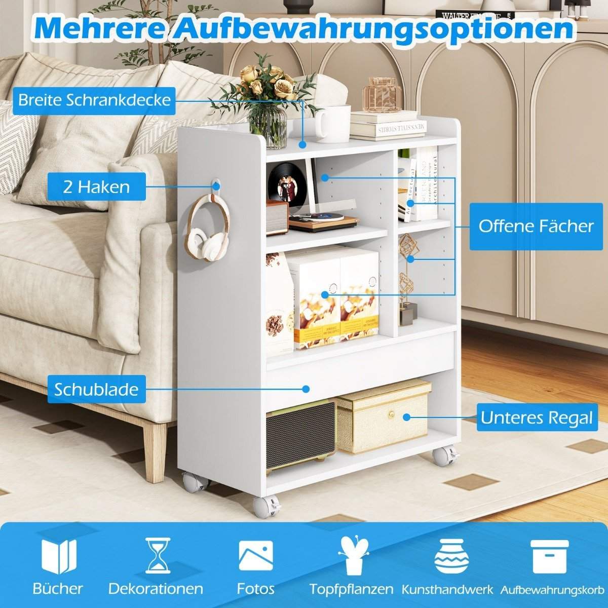 Mobil rullecontainer med skuffe kontorskab med justerbare hylder hvid