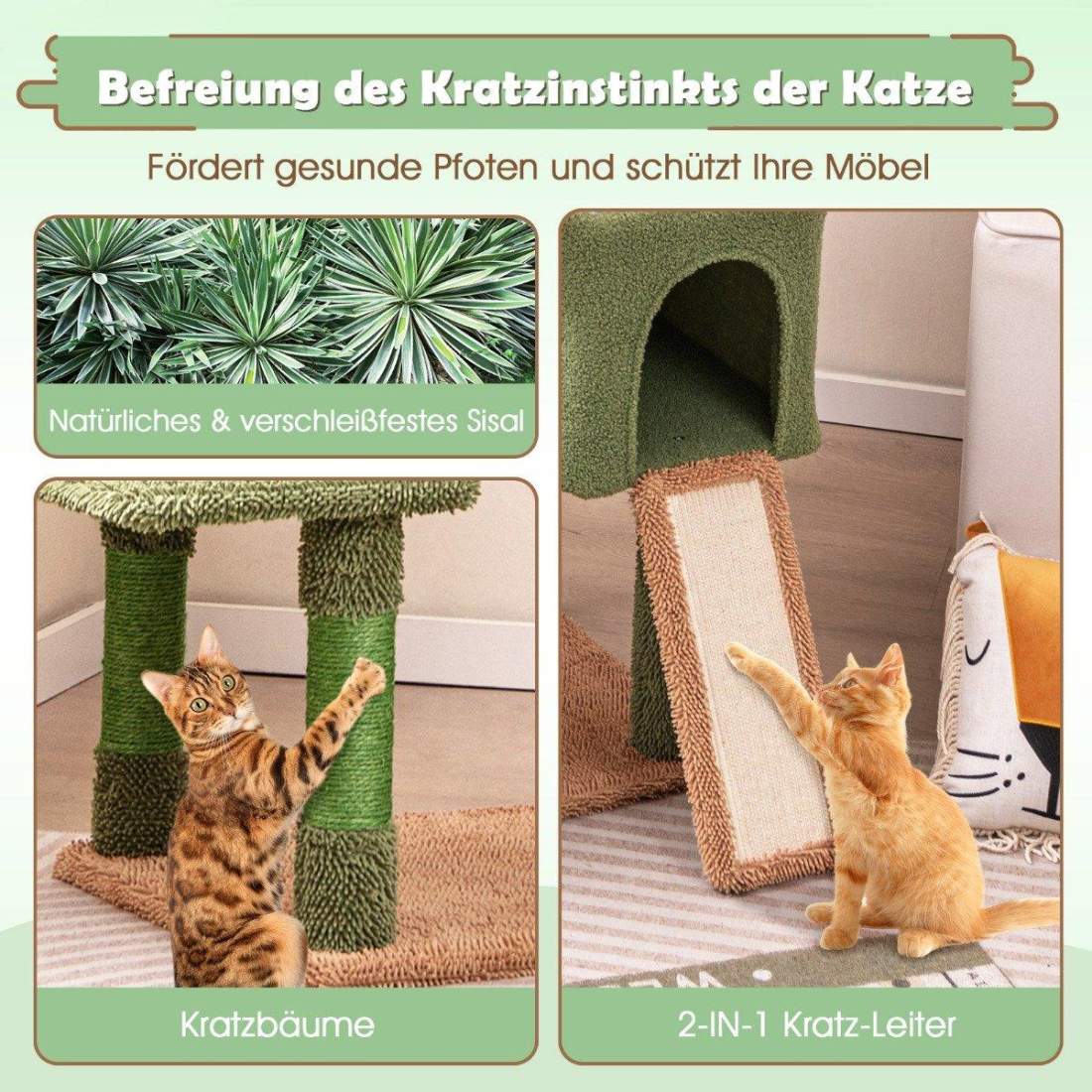 Skrapstolpe kaktus kattträd med plattformar leksak sisal stolpar grön + brun (160 cm hög) | Hem & Hobby - Husdjur - Katt - Katträd | Pryloteket