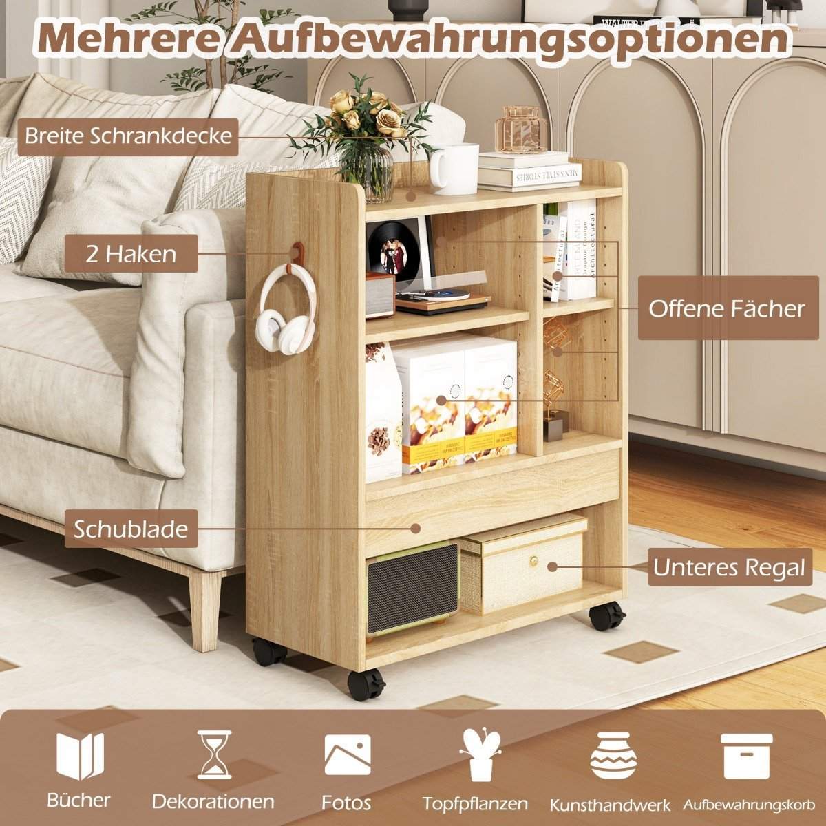 mobil rullecontainer med skuffe kontorskab med justerbare hylder natur