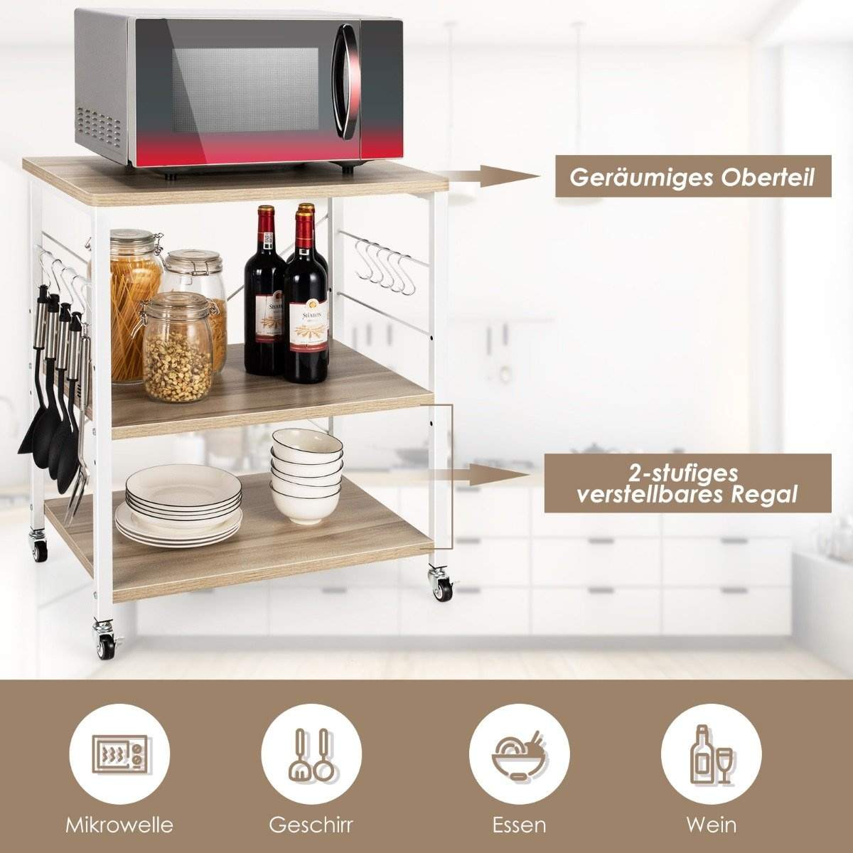 Serveringsvogn i 3 niveauer med justerbar hylde og 10 aftagelige kroge 60 x 40 x 73 cm natur