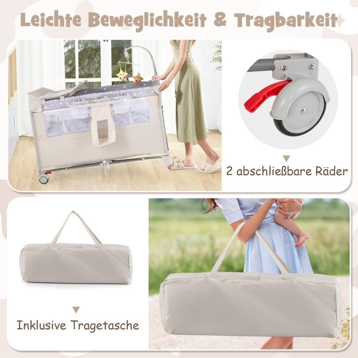 5 i 1 sammenfoldelig sideseng rejseseng med madras 2 niveaus babyseng med hjul beige