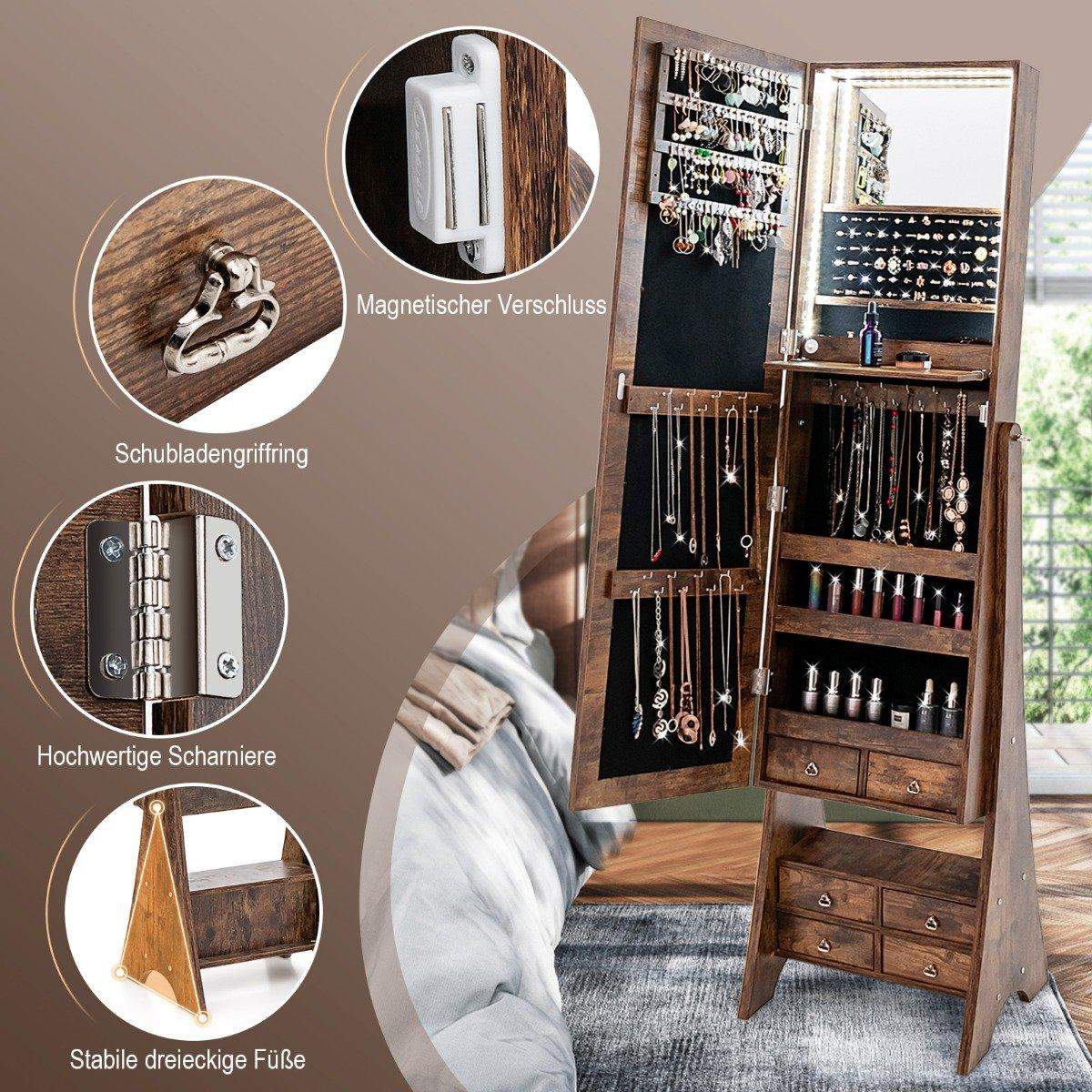 Smyckesskåp med spegel med belysning Smyckesspegelskåp med lådor brun | Sport & Fritid - Friluftsliv & Camping - Belysning | Pryloteket