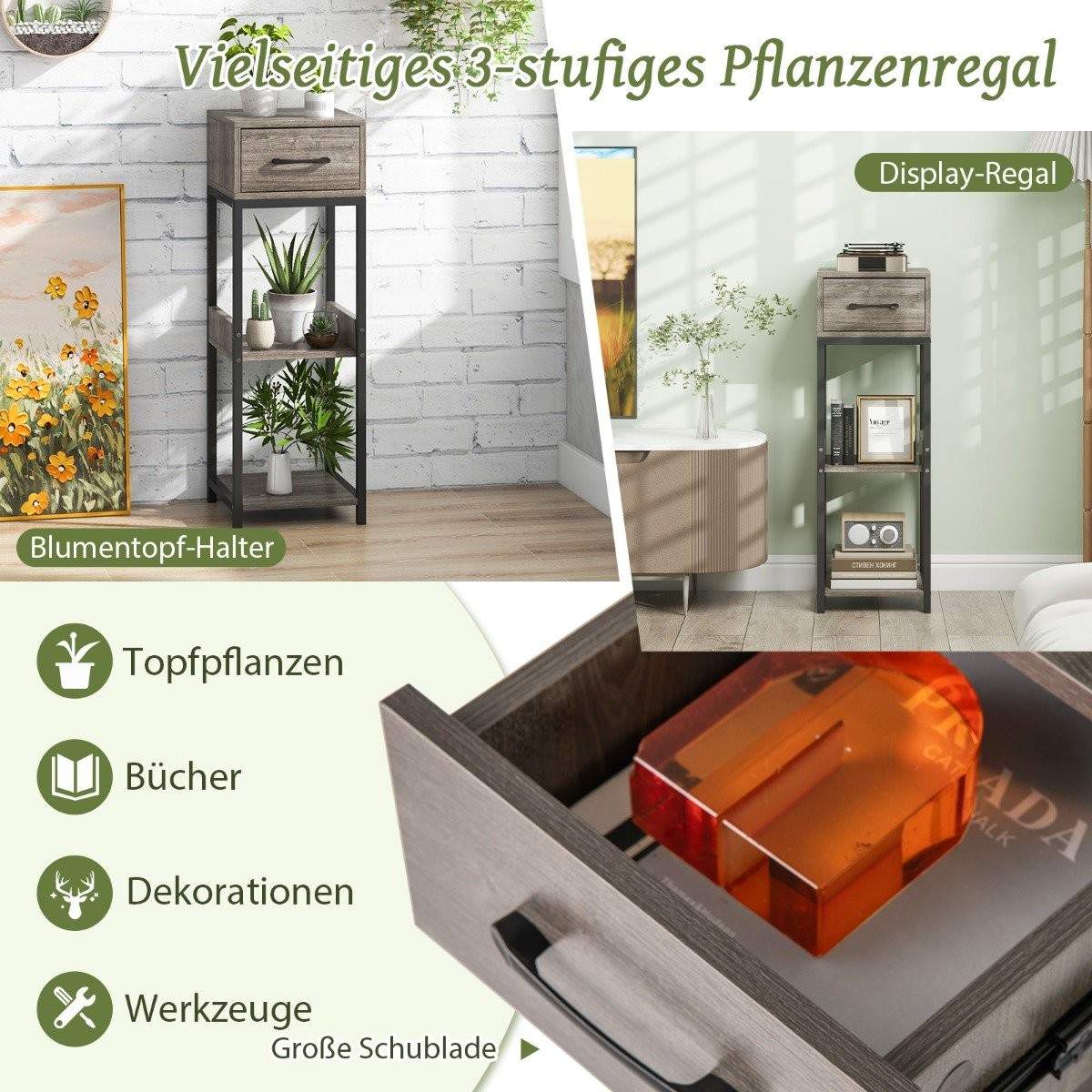 3-lags metal plantestander Blomsterstand med skuffetræ 30,5 x 30,5 x 92 cm (1 pakke)