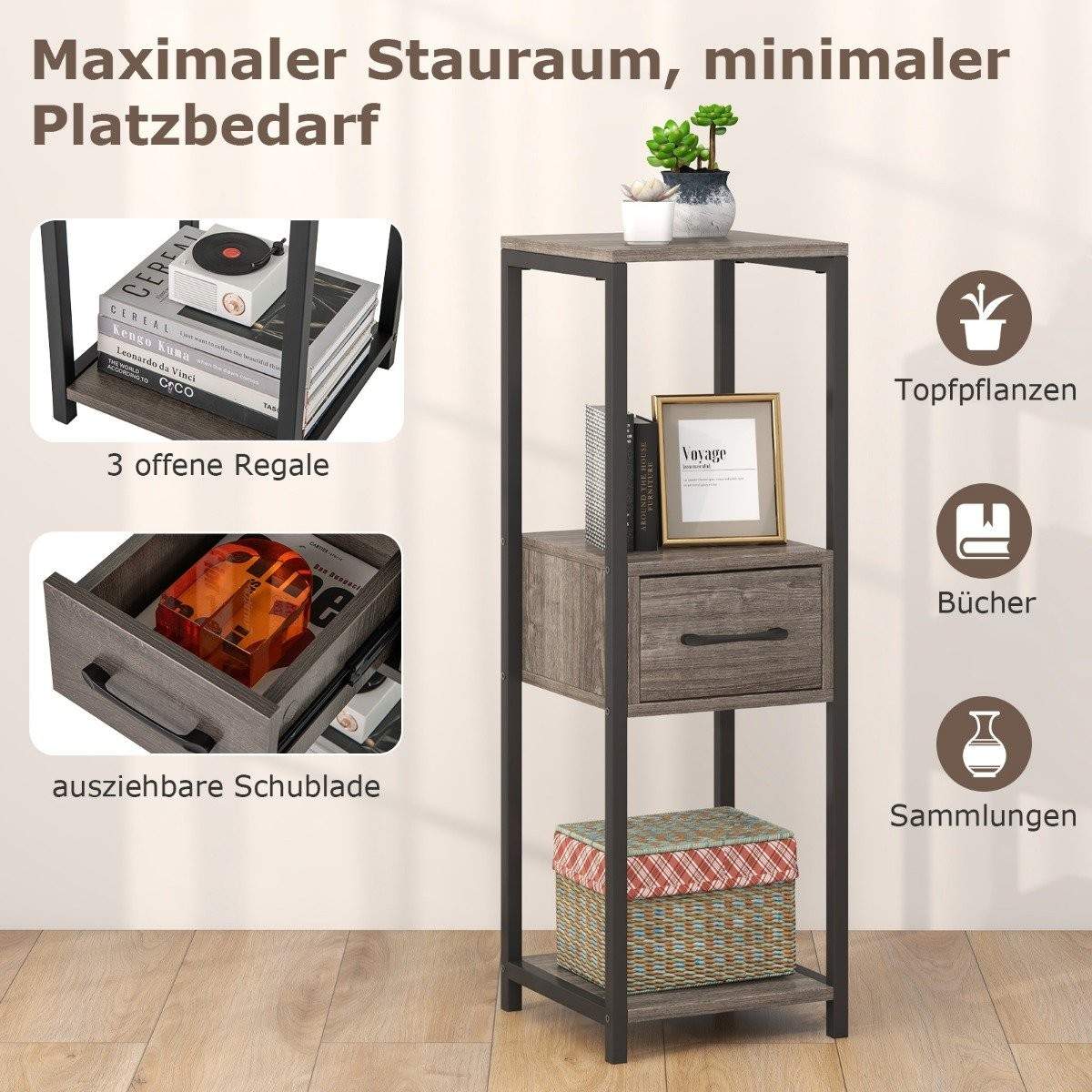 3-lags metal plantestativ Blomsterstativ med skuffe 30,5 x 30,5 x 92 cm Grå (1 pakke)