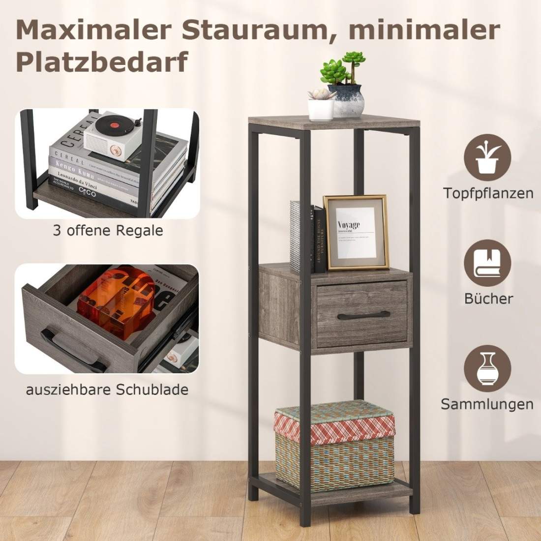 3-vånings växtställ i metall Blomstativ med låda 30,5 x 30,5 x 92 cm Grå (1 förpackning) | Hem & Hobby - Hem & Hushåll - Balkong | Pryloteket