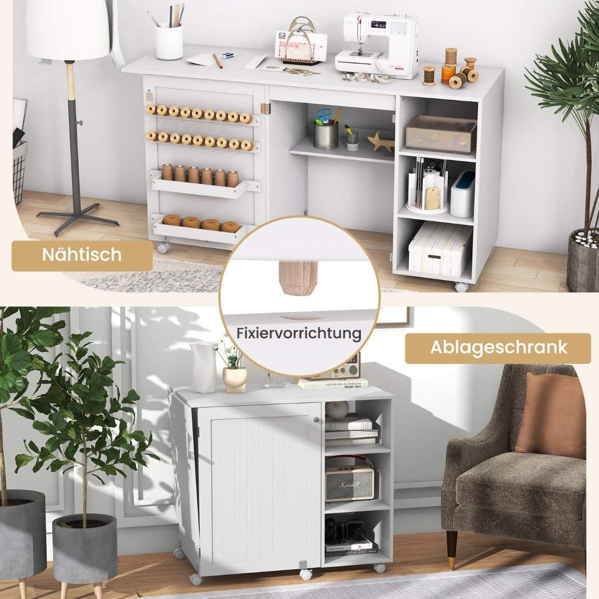 2 i 1 sybordsskrivebord foldbar multifunktionel symaskinestation med hvide hylder