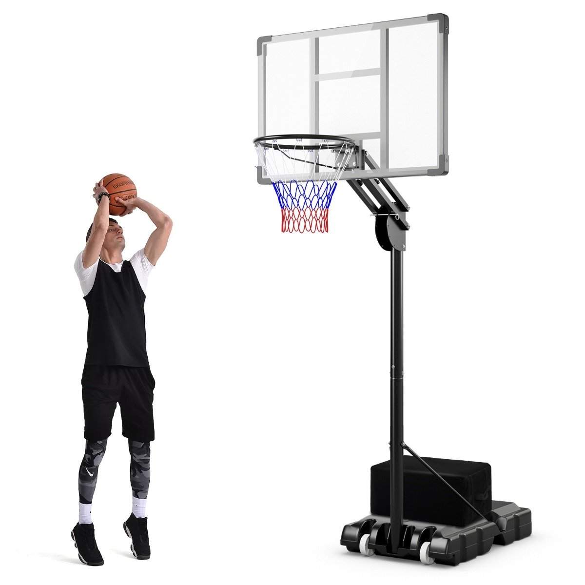 Udendørs basketballkurve 135/143-305 cm højdejusterbart basketballstativ med 2 hjul