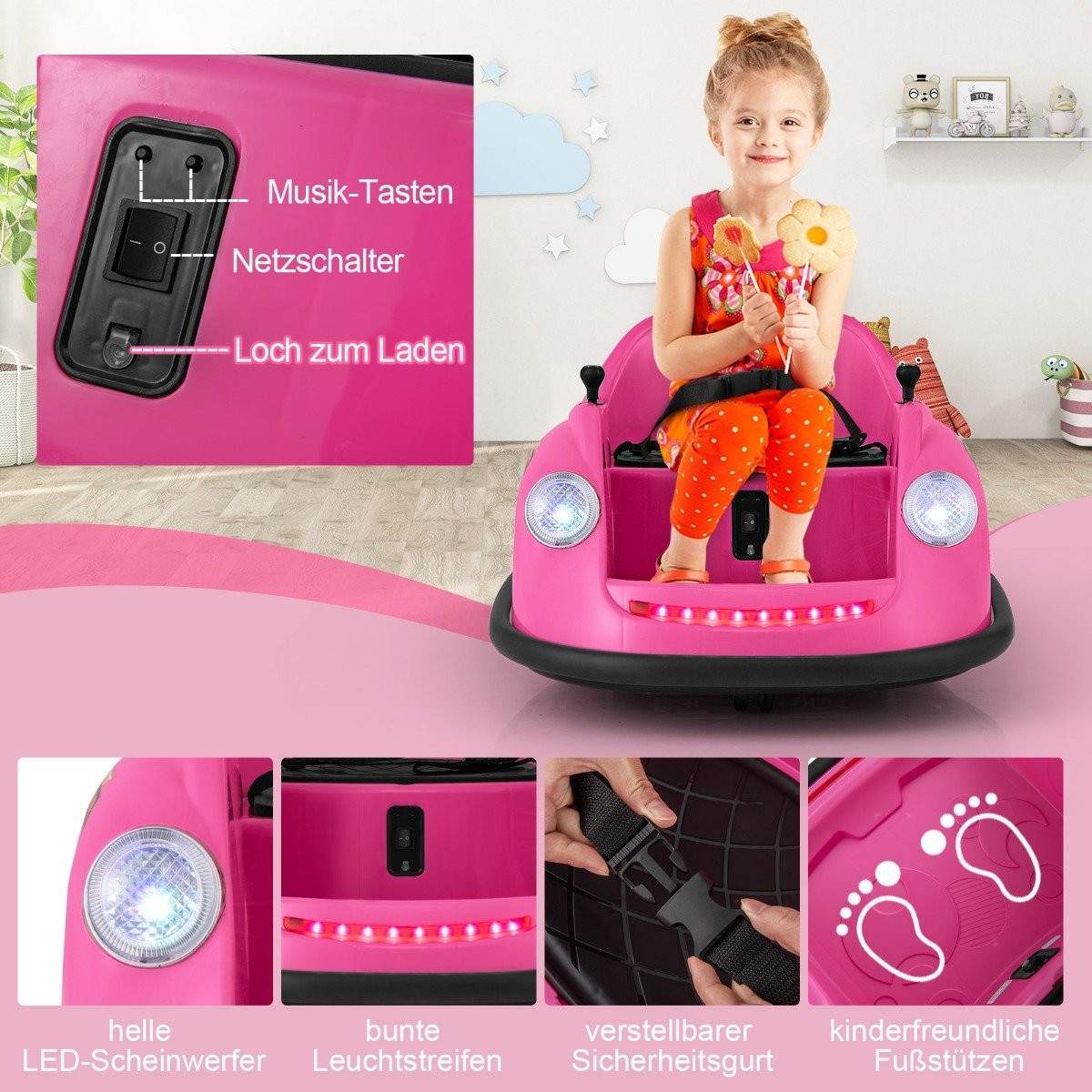 12V kofanger bil børns elektrisk kofanger bil med fjernbetjening & LED-lys & Musik Pink