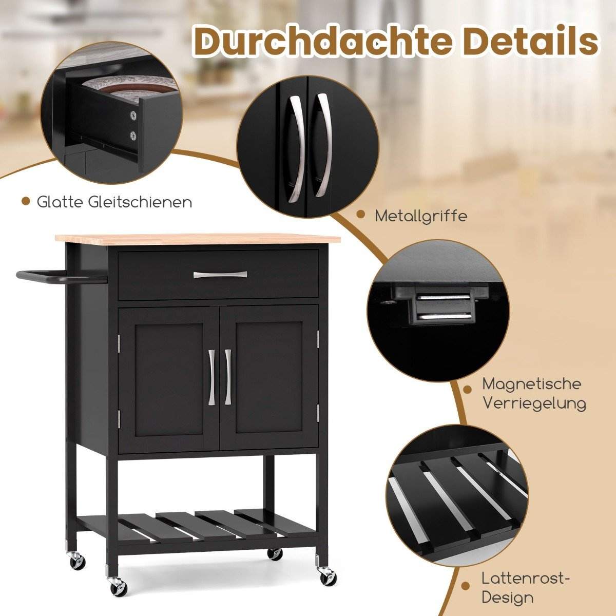 Køkkenvogn med bordplade, serveringsvogn med hjul, vogn med skuffe, sort