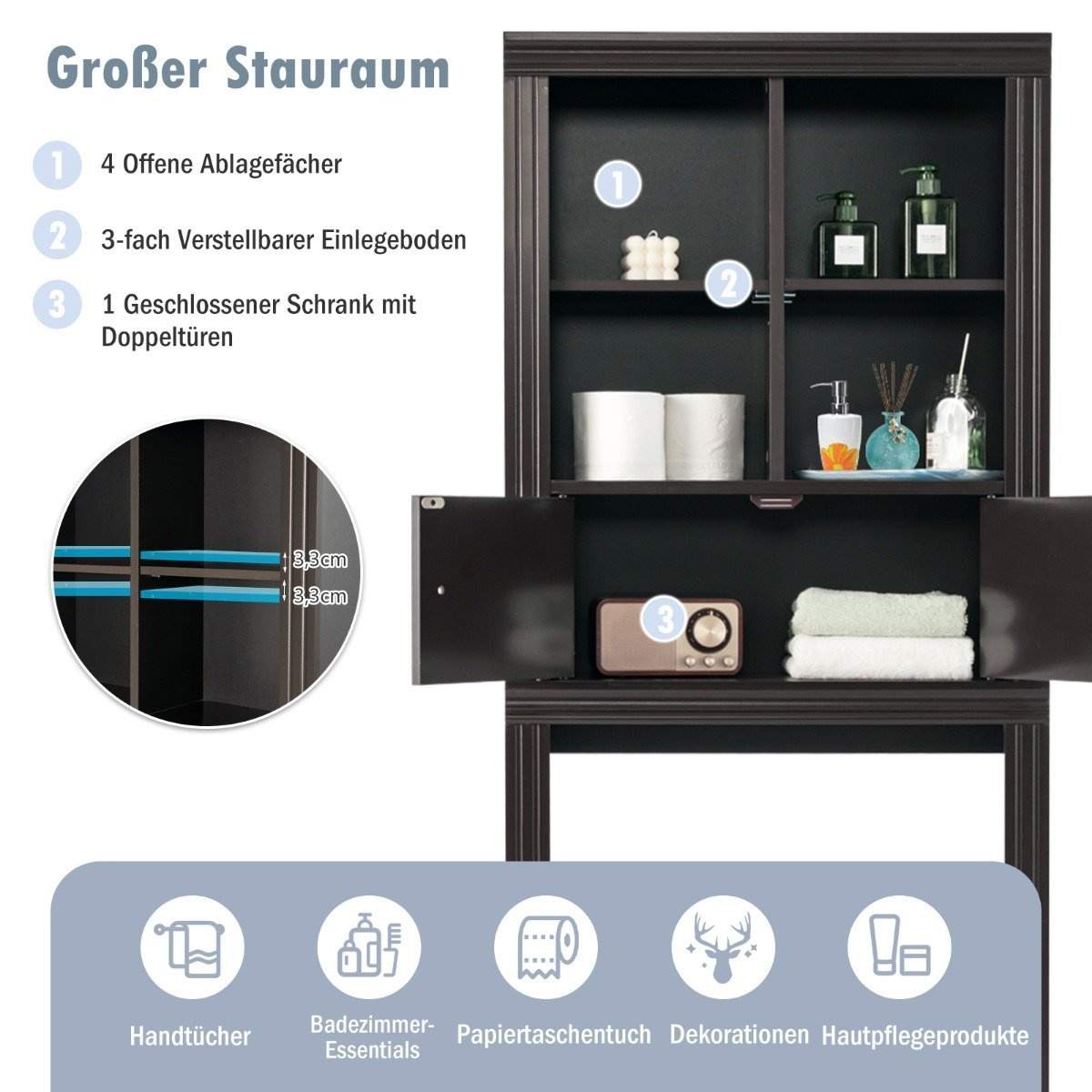 3-lags toilethylde pladsbesparende badeværelseshylde med 4 åbne rum 60 x 20 x 165 cm brun