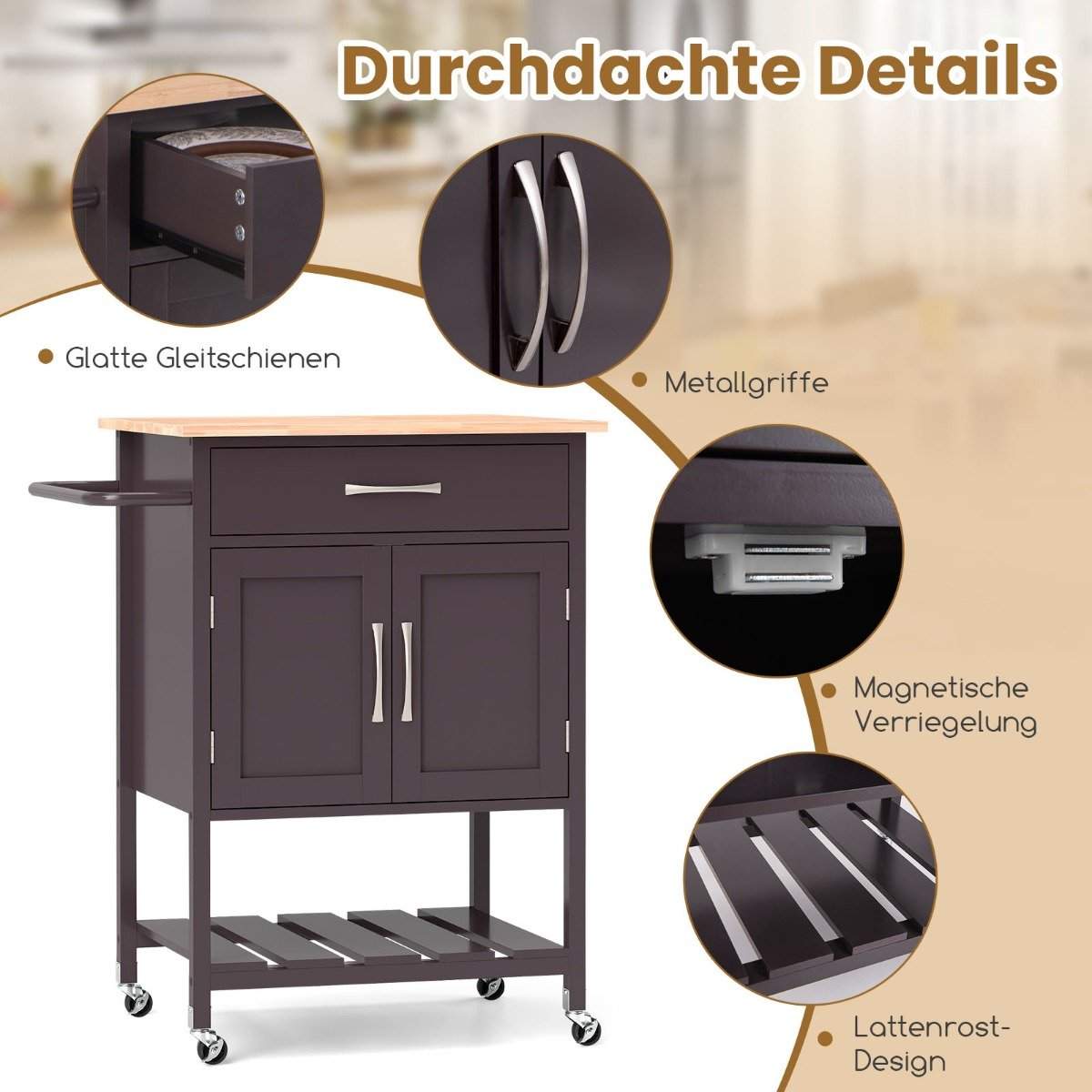 Køkkenvogn med bordplade, serveringsvogn med hjul, vogn med skuffe, brun