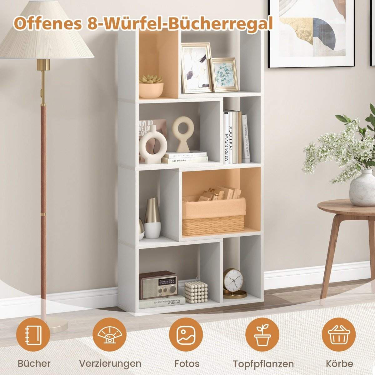 Reol med 4 niveauer, stående hylde med 8 rum, kubehylde, 60 x 20 x 120 cm, hvid