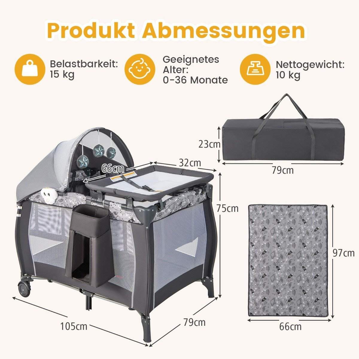 4 I 1 babyseng Transportabel sideseng rejseseng med foldbar madras og puslebord lysegrå