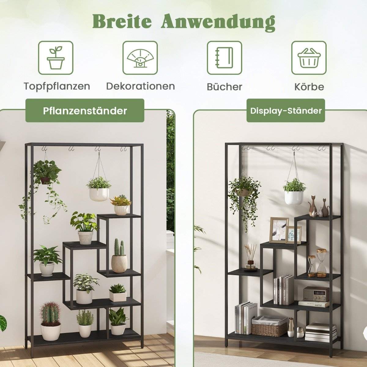 Sort plantestand 6 etager 180 cm plantehylde metal med 10 S-kroge