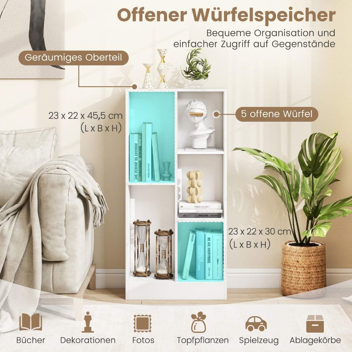 Reol med 5 rum, stående hylde, kubehylde, kontorhylde, opbevaringshylde til stue, 50 x 24 x 104 cm, hvid