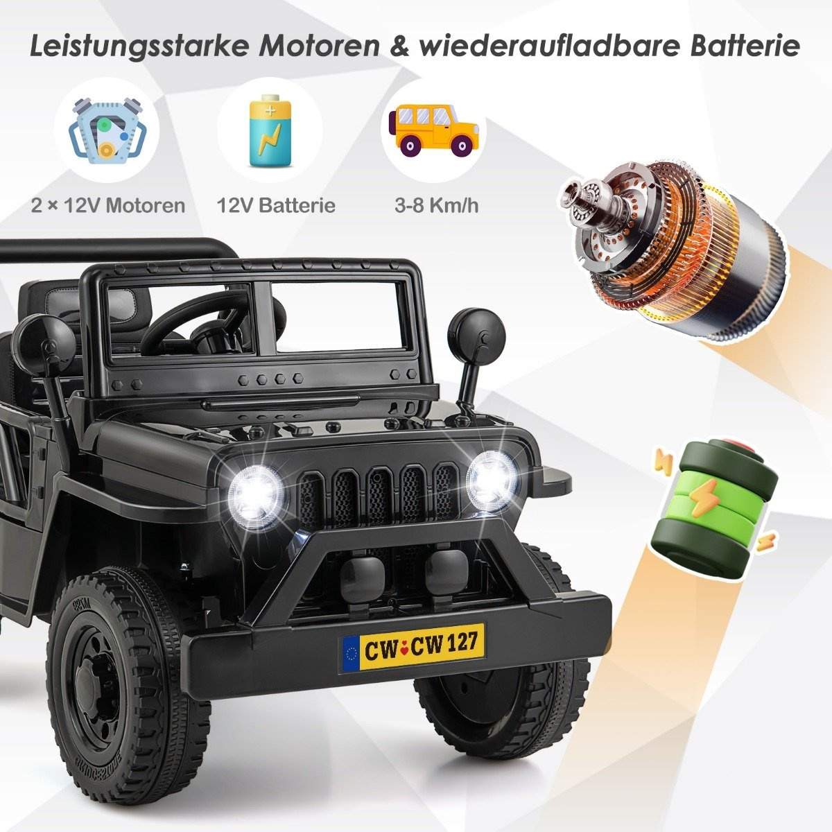 Børnebil med 12 V batteri elbil med fjernbetjening 3 hastigheder sort 102,5 x 64 x 59,5 cm