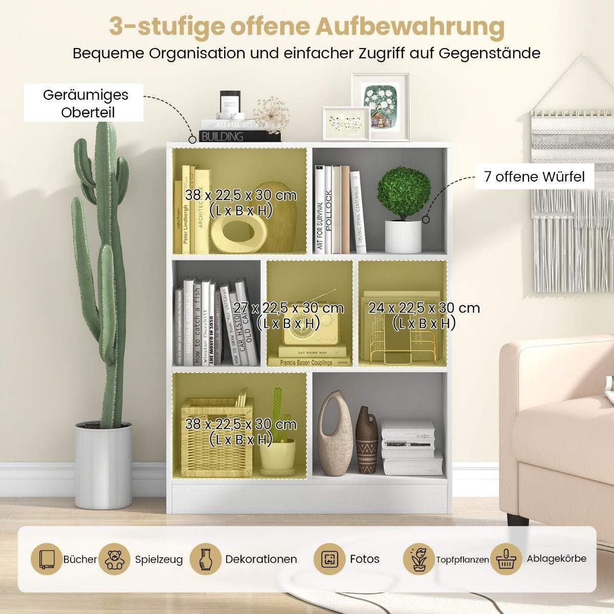 Bokhylla med 7 fack, stående hylla med 3 nivåer, kubhylla, kontorshylla, 80 x 24 x 104 cm, vit | Elektronik - Tillbehör Mobil & Surfplatta - Mobiltillbehör - Mobilkablar - Tillbehör | Pryloteket