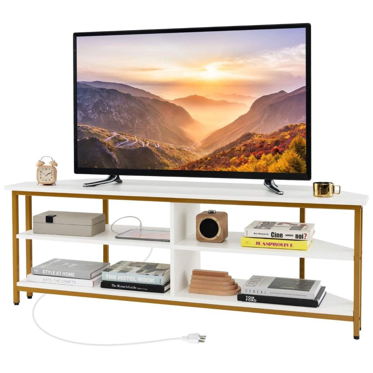 Hörn TV-skåp med laddstation & Hyllor TV lowboard för TV upp till 65 tums TV-skåp vit | Elektronik - Ljud & Bild - TV-Tillbehör - Fjärrkontroller | Pryloteket