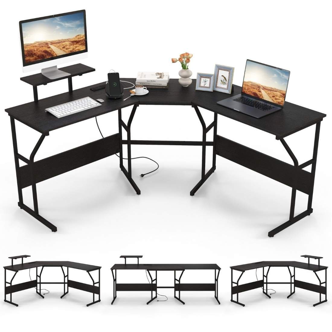 L-format skrivbord med eluttag & Flyttbart bildskärmsstativ hörn datorbord svart | Elektronik - Tillbehör Mobil & Surfplatta - Surfplatta Tillbehör - Stativ | Pryloteket