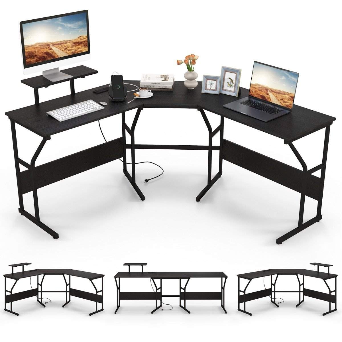 L-muotoinen työpöytä pistorasialla & Siirrettävä näyttöjalusta kulmatietokonepöytä musta