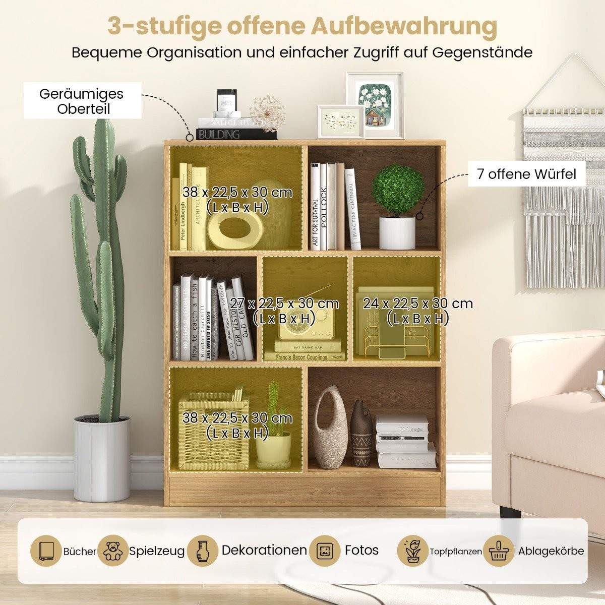 Bokhylla med 7 fack, stående hylla med 3 nivåer, kubhylla, kontorshylla, 80 x 24 x 104 cm, natur | Elektronik - Tillbehör Mobil & Surfplatta - Mobiltillbehör - Mobilkablar - Tillbehör | Pryloteket