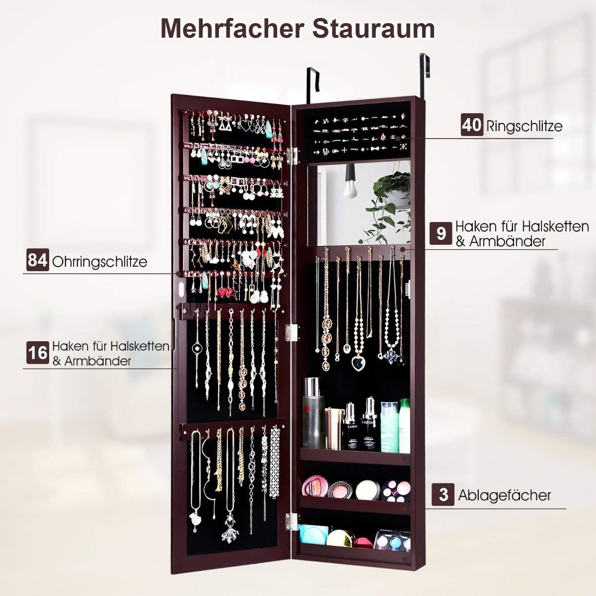 Smykkeskab med fuldlængde spejl og indbygget brunt makeup spejl