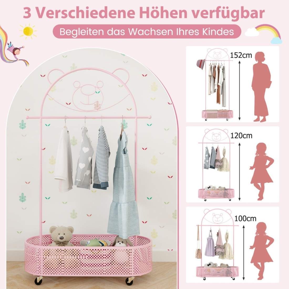 Barnklädställ höjdjusterbar från 130cm/150cm/182cm klädstativ på hjul rosa | Mode & Accessoarer - Accessoarer | Pryloteket