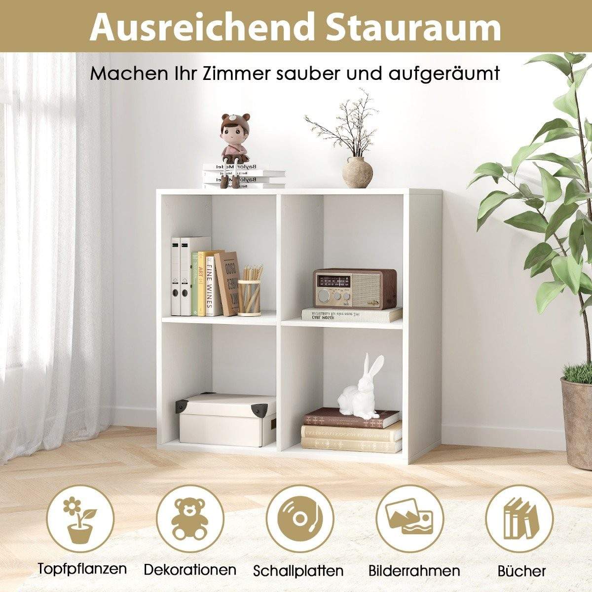 Kirjahylly, jossa 4 lokeroa kuutiohylly seisova hylly avohylly moderni valkoinen