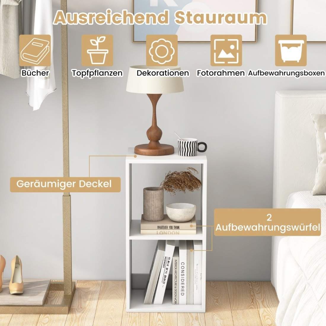 Bokhylla med 2 fack kubhylla stående hylla öppen hylla förvaringshylla för vardagsrum vit | Hem & Hobby - Hem & Hushåll - Sovrum | Pryloteket