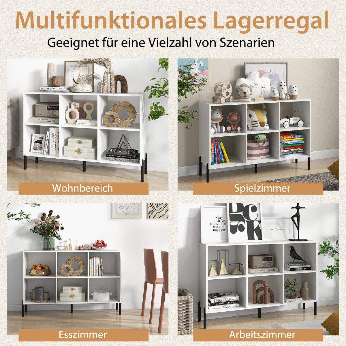 Reol med 6 rum stående hylde med hævede metalben og justerbare hylder 120 x 35 x 79,5 cm hvid