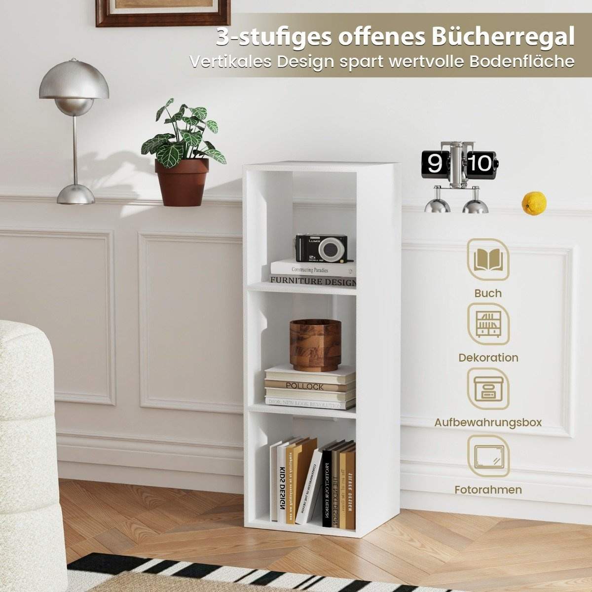 Reol med 3 rum terninghylde stående hylde åben hylde hvid 35,5 x 33 x 103 cm